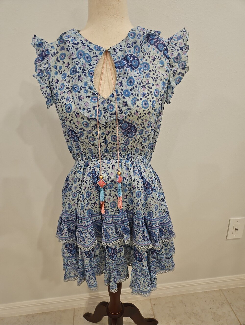 Alicia Bell XS Blue Floral Cotton Mini Dress Smocked Waist Tassel Tie Ruffle
